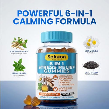 Sakoon Nutrition 6-in-1 Stress Relief Gummies 60 Stück – Entspannung mit Ashwagandha, GABA, L-Theanin, Melisse, Kamille, Schwarzkümmel – Tiefschlaf & Gelenkunterstützung