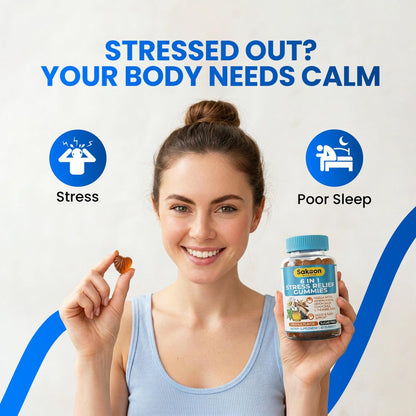 Sakoon Nutrition 6-in-1 Stress Relief Gummies 60 Stück – Entspannung mit Ashwagandha, GABA, L-Theanin, Melisse, Kamille, Schwarzkümmel – Tiefschlaf & Gelenkunterstützung