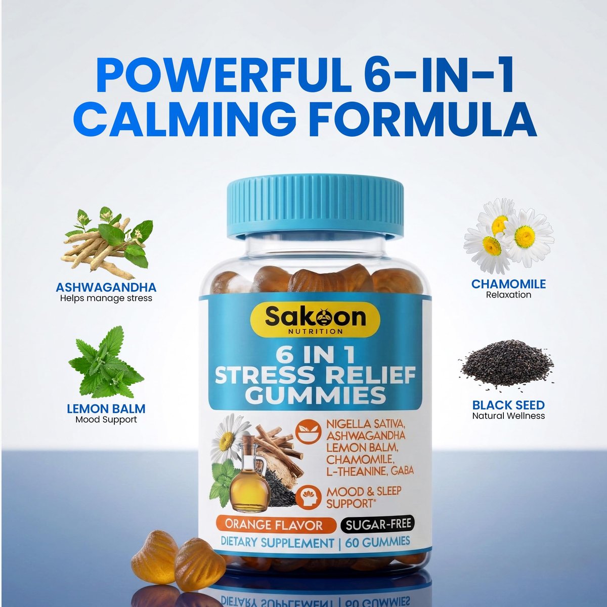 Sakoon Nutrition 6-in-1 Stress Relief Gummies 60 Stück – Entspannung mit Ashwagandha, GABA, L-Theanin, Melisse, Kamille, Schwarzkümmel – Tiefschlaf & Gelenkunterstützung