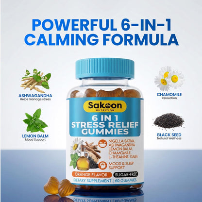 Sakoon Nutrition 6-in-1 Stress Relief Gummies 60 Stück – Entspannung mit Ashwagandha, GABA, L-Theanin, Melisse, Kamille, Schwarzkümmel – Tiefschlaf & Gelenkunterstützung