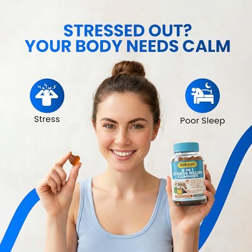 Sakoon Nutrition 6-in-1 Stress Relief Gummies 60 Stück – Entspannung mit Ashwagandha, GABA, L-Theanin, Melisse, Kamille, Schwarzkümmel – Tiefschlaf & Gelenkunterstützung