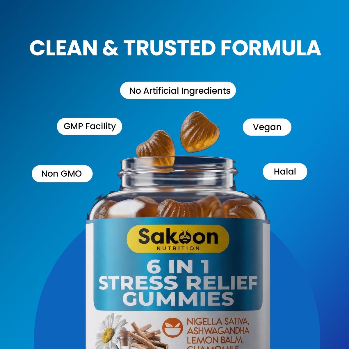 Sakoon Nutrition 6-in-1 Stress Relief Gummies 60 Stück – Entspannung mit Ashwagandha, GABA, L-Theanin, Melisse, Kamille, Schwarzkümmel – Tiefschlaf & Gelenkunterstützung