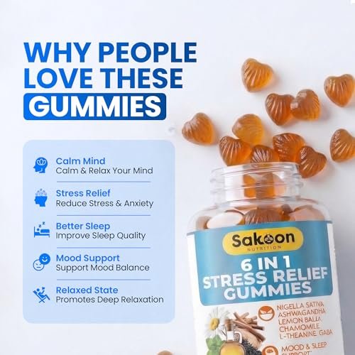 Sakoon Nutrition 6-in-1 Stress Relief Gummies 60 Stück – Entspannung mit Ashwagandha, GABA, L-Theanin, Melisse, Kamille, Schwarzkümmel – Tiefschlaf & Gelenkunterstützung