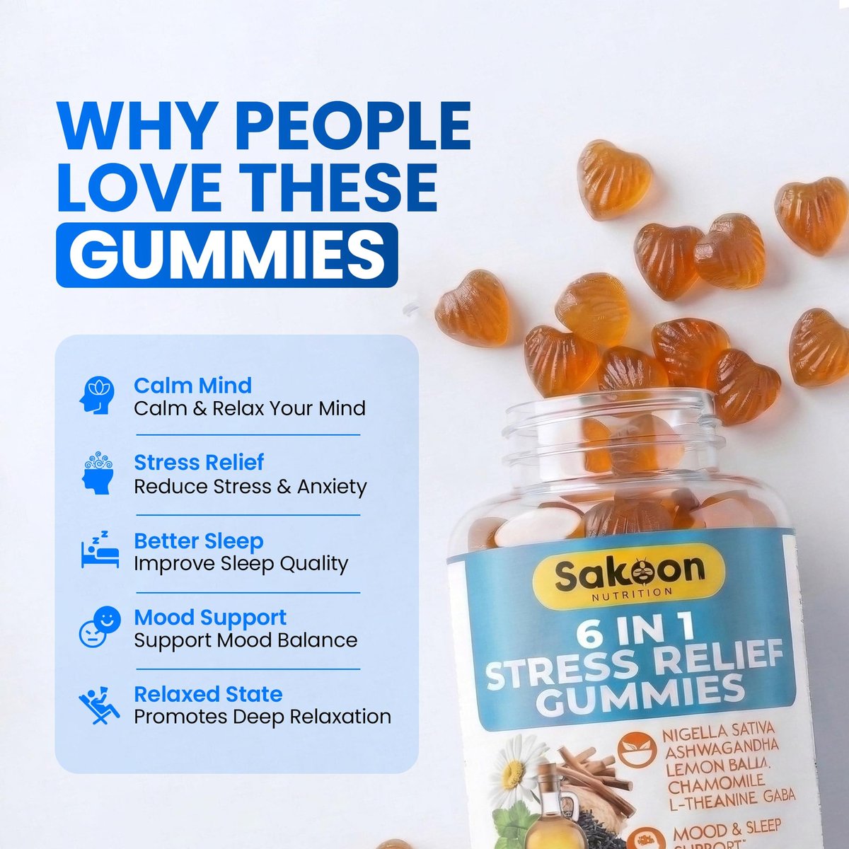 Sakoon Nutrition 6-in-1 Stress Relief Gummies 60 Stück – Entspannung mit Ashwagandha, GABA, L-Theanin, Melisse, Kamille, Schwarzkümmel – Tiefschlaf & Gelenkunterstützung