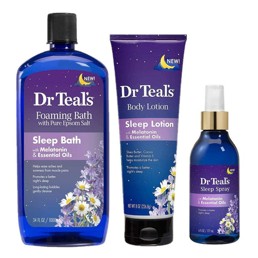 Dr Teal's Melatonin Schlafbad Geschenkset – Schaumbad (1 Liter), Körperlotion (240 ml) & Schlafspray (180 ml) – Lavendel & Melatonin für besseren Schlaf – Entspannendes Spa-Set für Zuhause