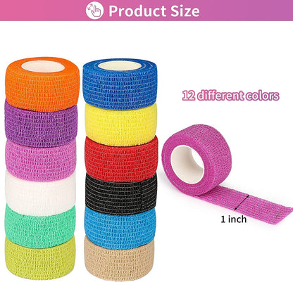 Lenicany 12er-Pack 1" x 5 Yards Selbstklebende Bandage, Elastische, atmungsaktive, selbsthaftende Wickel für Haustiere, Sportverband für Erste Hilfe, Sportverletzungen & Schutz, 12 Farben