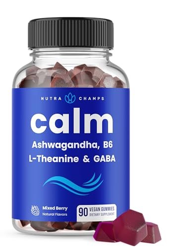 NutraChamps Calm Gummies – Stressgummis mit Ashwagandha, L-Theanin, GABA, Vitamin B6 & Zitronenmelisse – Unterstützt Stimmung, Fokus & Stressabbau – Natürliche Beere, 90 Gummis