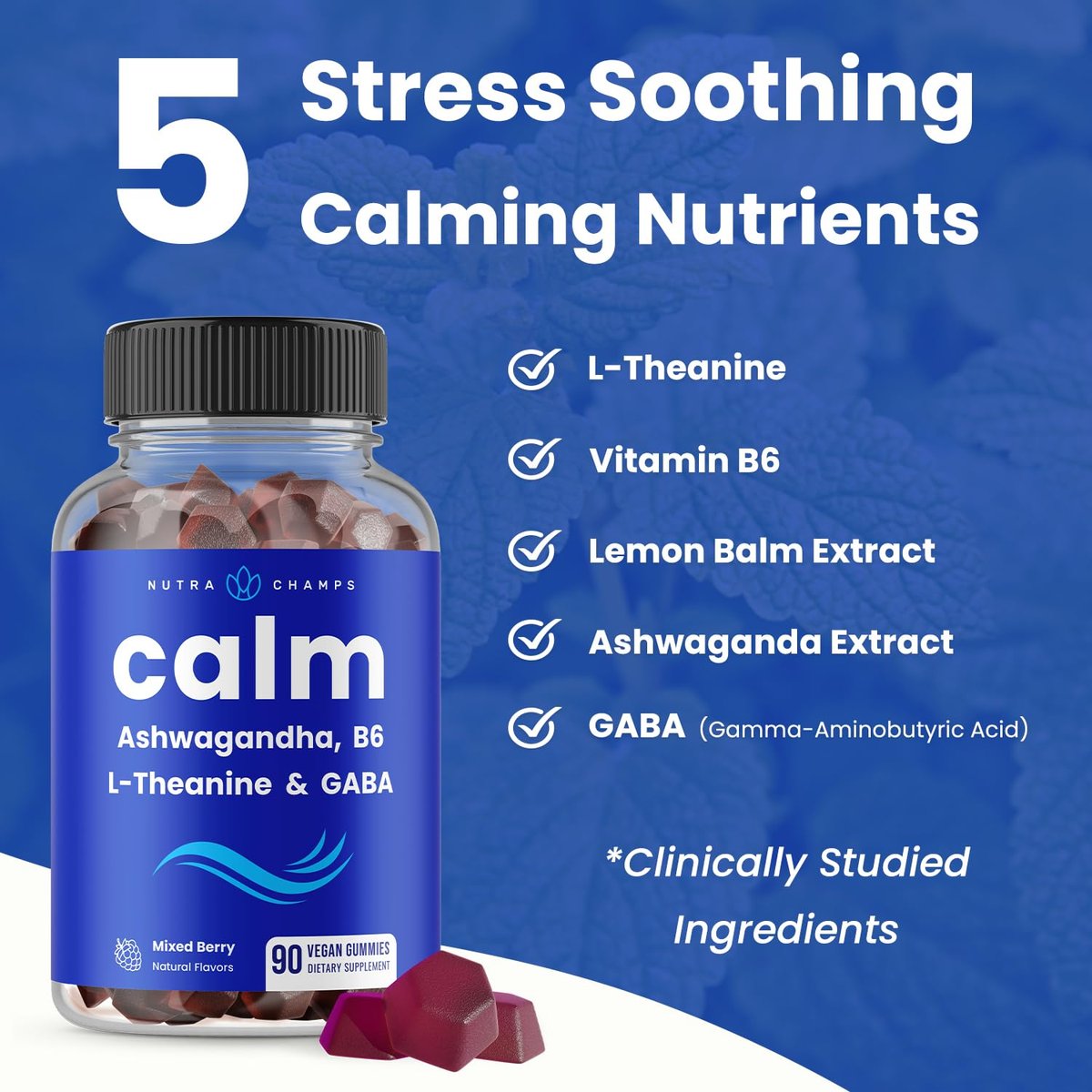 NutraChamps Calm Gummies – Stressgummis mit Ashwagandha, L-Theanin, GABA, Vitamin B6 & Zitronenmelisse – Unterstützt Stimmung, Fokus & Stressabbau – Natürliche Beere, 90 Gummis