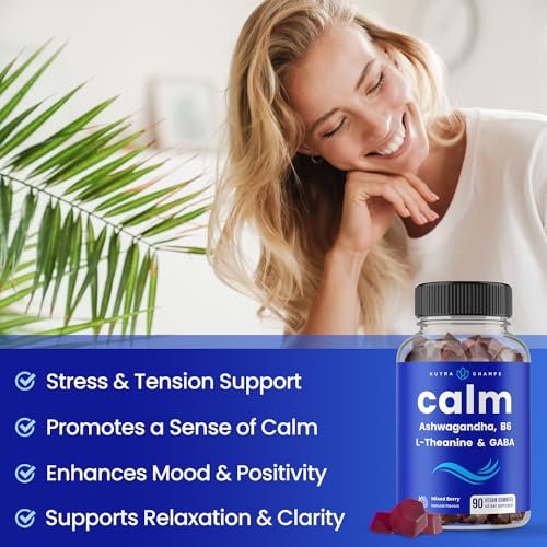 NutraChamps Calm Gummies – Stressgummis mit Ashwagandha, L-Theanin, GABA, Vitamin B6 & Zitronenmelisse – Unterstützt Stimmung, Fokus & Stressabbau – Natürliche Beere, 90 Gummis