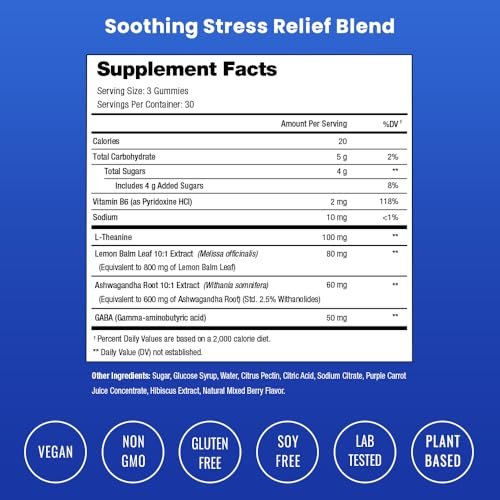 NutraChamps Calm Gummies – Stressgummis mit Ashwagandha, L-Theanin, GABA, Vitamin B6 & Zitronenmelisse – Unterstützt Stimmung, Fokus & Stressabbau – Natürliche Beere, 90 Gummis