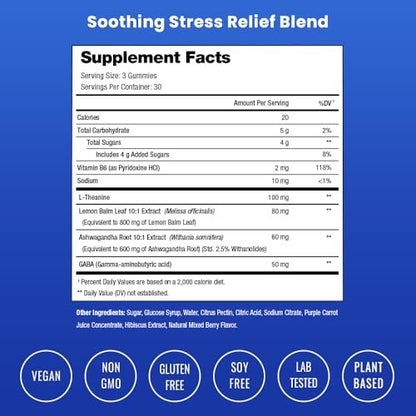 NutraChamps Calm Gummies – Stressgummis mit Ashwagandha, L-Theanin, GABA, Vitamin B6 & Zitronenmelisse – Unterstützt Stimmung, Fokus & Stressabbau – Natürliche Beere, 90 Gummis