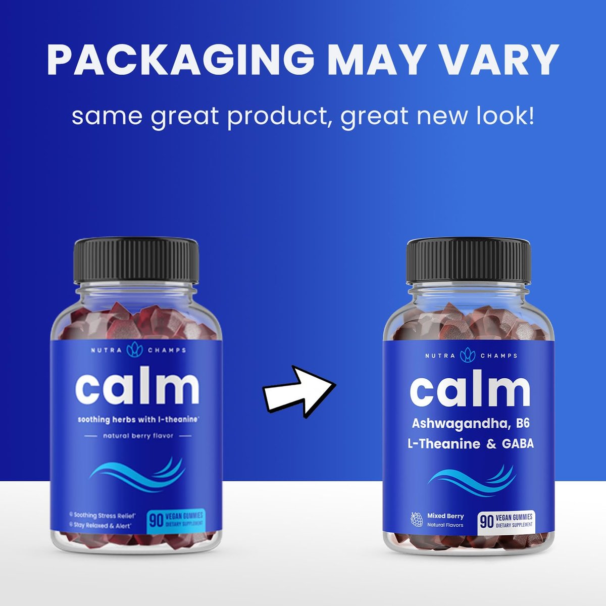 NutraChamps Calm Gummies – Stressgummis mit Ashwagandha, L-Theanin, GABA, Vitamin B6 & Zitronenmelisse – Unterstützt Stimmung, Fokus & Stressabbau – Natürliche Beere, 90 Gummis