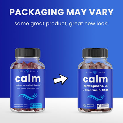 NutraChamps Calm Gummies – Stressgummis mit Ashwagandha, L-Theanin, GABA, Vitamin B6 & Zitronenmelisse – Unterstützt Stimmung, Fokus & Stressabbau – Natürliche Beere, 90 Gummis