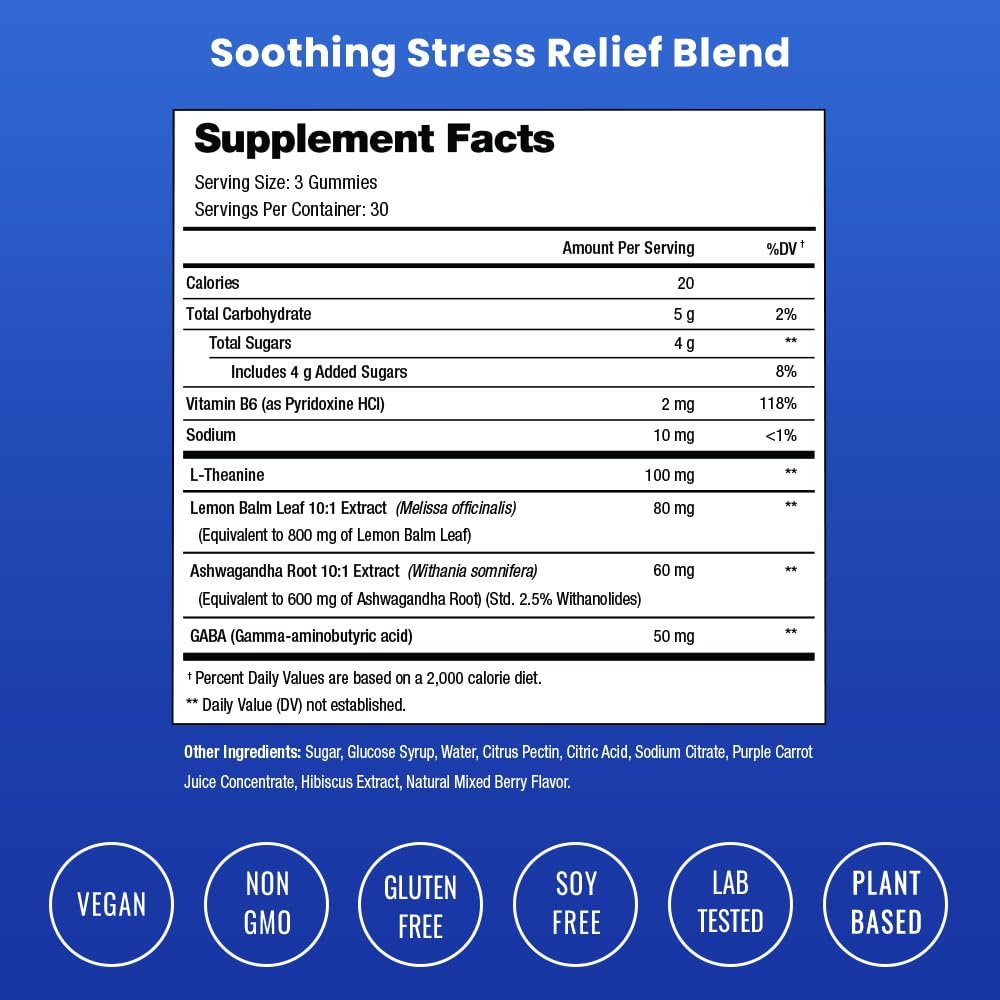 NutraChamps Calm Gummies – Stressgummis mit Ashwagandha, L-Theanin, GABA, Vitamin B6 & Zitronenmelisse – Unterstützt Stimmung, Fokus & Stressabbau – Natürliche Beere, 90 Gummis