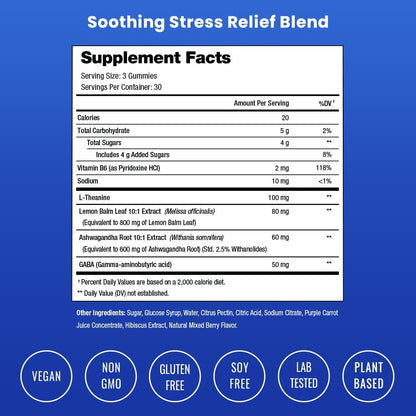 NutraChamps Calm Gummies – Stressgummis mit Ashwagandha, L-Theanin, GABA, Vitamin B6 & Zitronenmelisse – Unterstützt Stimmung, Fokus & Stressabbau – Natürliche Beere, 90 Gummis