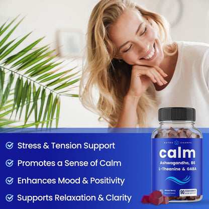 NutraChamps Calm Gummies – Stressgummis mit Ashwagandha, L-Theanin, GABA, Vitamin B6 & Zitronenmelisse – Unterstützt Stimmung, Fokus & Stressabbau – Natürliche Beere, 90 Gummis