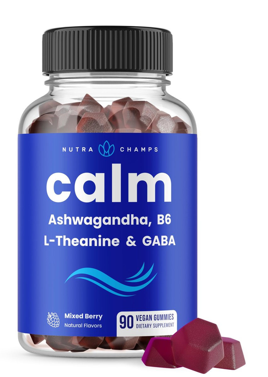 NutraChamps Calm Gummies – Stressgummis mit Ashwagandha, L-Theanin, GABA, Vitamin B6 & Zitronenmelisse – Unterstützt Stimmung, Fokus & Stressabbau – Natürliche Beere, 90 Gummis