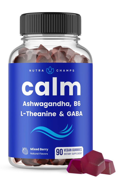 NutraChamps Calm Gummies – Stressgummis mit Ashwagandha, L-Theanin, GABA, Vitamin B6 & Zitronenmelisse – Unterstützt Stimmung, Fokus & Stressabbau – Natürliche Beere, 90 Gummis