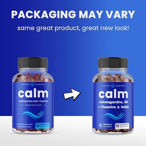 NutraChamps Calm Gummies – Stressgummis mit Ashwagandha, L-Theanin, GABA, Vitamin B6 & Zitronenmelisse – Unterstützt Stimmung, Fokus & Stressabbau – Natürliche Beere, 90 Gummis