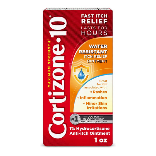 Cortizone-10 Maximum Strength Wasserbeständige Juckreizlindernde Salbe, 1% Hydrocortison, Schnell wirkend, Anti-Juckreiz-Creme für Insektenstiche, Hautausschlag, Ekzeme, Psoriasis, Giftefeu, Eichen, Sumach & mehr, 28 g