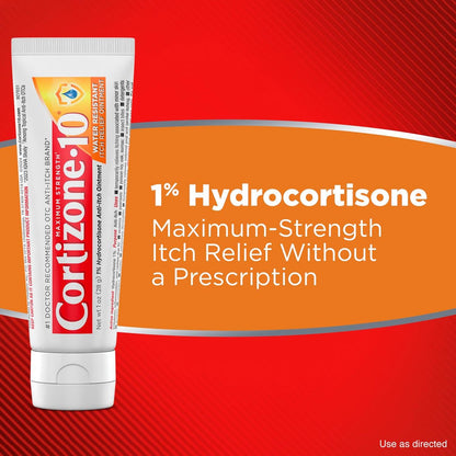 Cortizone-10 Maximum Strength Wasserbeständige Juckreizlindernde Salbe, 1% Hydrocortison, Schnell wirkend, Anti-Juckreiz-Creme für Insektenstiche, Hautausschlag, Ekzeme, Psoriasis, Giftefeu, Eichen, Sumach & mehr, 28 g
