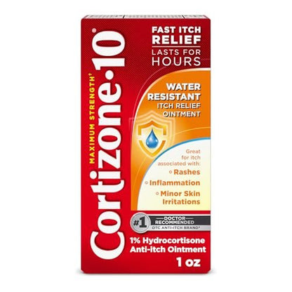Cortizone-10 Maximum Strength Wasserbeständige Juckreizlindernde Salbe, 1% Hydrocortison, Schnell wirkend, Anti-Juckreiz-Creme für Insektenstiche, Hautausschlag, Ekzeme, Psoriasis, Giftefeu, Eichen, Sumach & mehr, 28 g