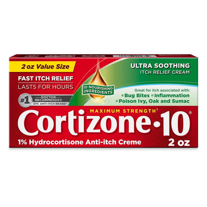 Cortizone-10 Maximum Strength Ultra Soothing Juckreiz-Creme, 1% Hydrocortison, Schnell wirkende Anti-Juckreiz-Creme gegen Insektenstiche, Ausschlag, Ekzeme, Psoriasis, Giftefeu, Eichen, Sumach & mehr, 57 g
