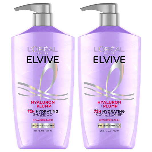 L'Oréal Paris Elvive Hyaluron Plump Shampoo und Conditioner Set für dehydriertes, trockenes Haar mit Hyaluronsäure-Pflegekomplex, 1 Kit (2 Produkte)