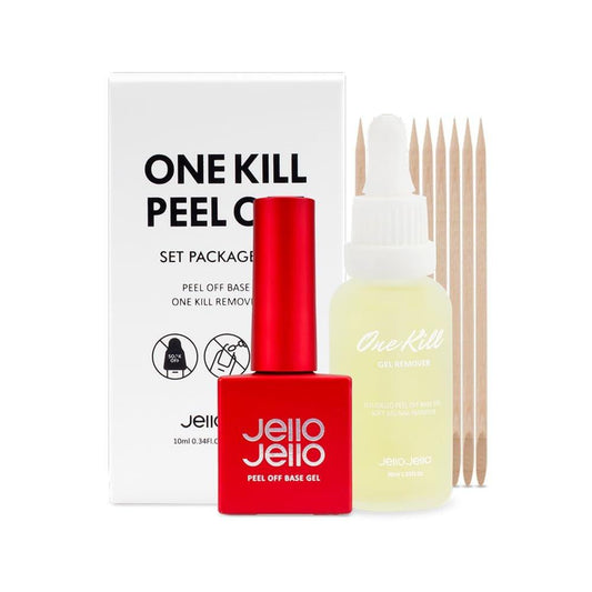 JelloJello Peel-Off Base Gel (10ml) + One Kill Gel Remover (30ml) Set – Abziehbarer Nagelgel-Unterlack, einfache Entfernung, UV/LED-Aushärtung