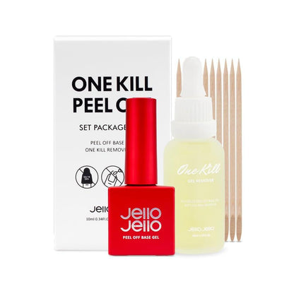 JelloJello Peel-Off Base Gel (10ml) + One Kill Gel Remover (30ml) Set – Abziehbarer Nagelgel-Unterlack, einfache Entfernung, UV/LED-Aushärtung