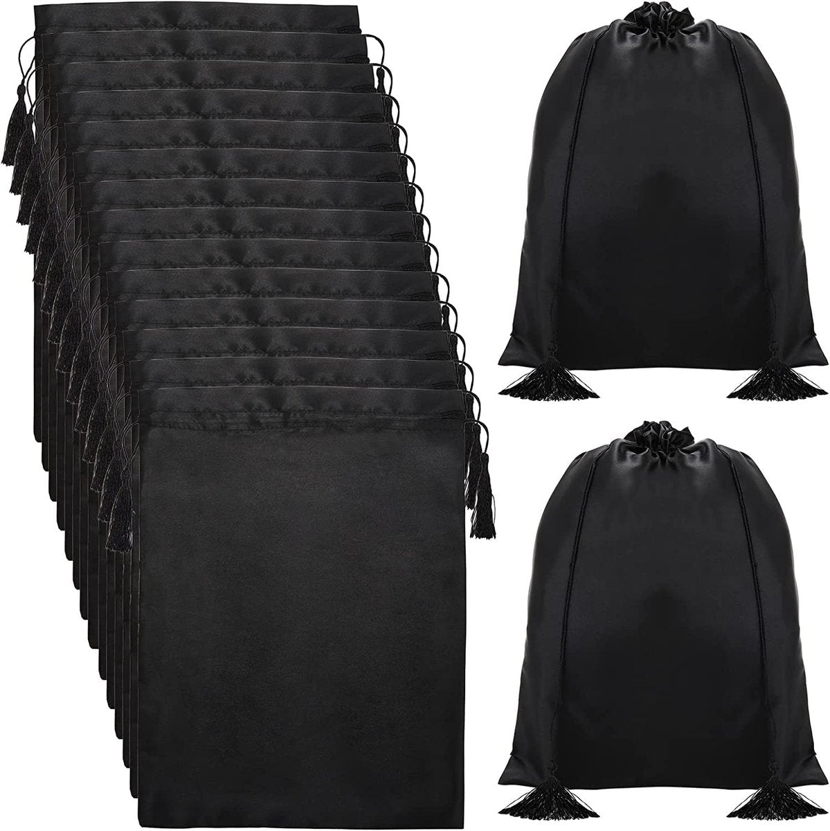 Youeon 16er-Pack Seidensatin-Wig-Bags 12"x16", schwarze Geschenk- und Reisetaschen mit Kordelzug und Quaste, Haarbags zur Aufbewahrung von Perücken, Bundles, Haarverlängerungen, Aufbewahrungsbeutel für Zuhause, Salon, Reisen
