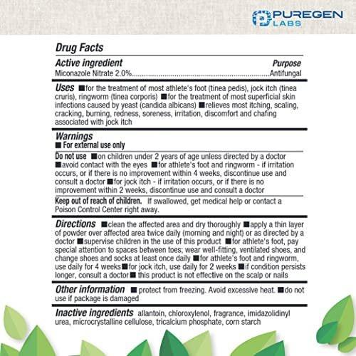 Puregen Labs Antimykotikum-Pulver mit 2% Miconazolnitrat gegen häufige Pilzinfektionen wie Fußpilz, Juckreiz und Ringelflechte, Talkumfrei, 85 g