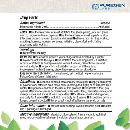 Puregen Labs Antimykotikum-Pulver mit 2% Miconazolnitrat gegen häufige Pilzinfektionen wie Fußpilz, Juckreiz und Ringelflechte, Talkumfrei, 85 g