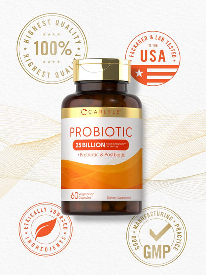 Carlyle Probiotikum mit Präbiotika & Postbiotika | 25 Milliarden KBE | 60 Kapseln | Nahrungsergänzungsmittel für Frauen & Männer | Vegetarisch, Nicht-GVO & Glutenfrei