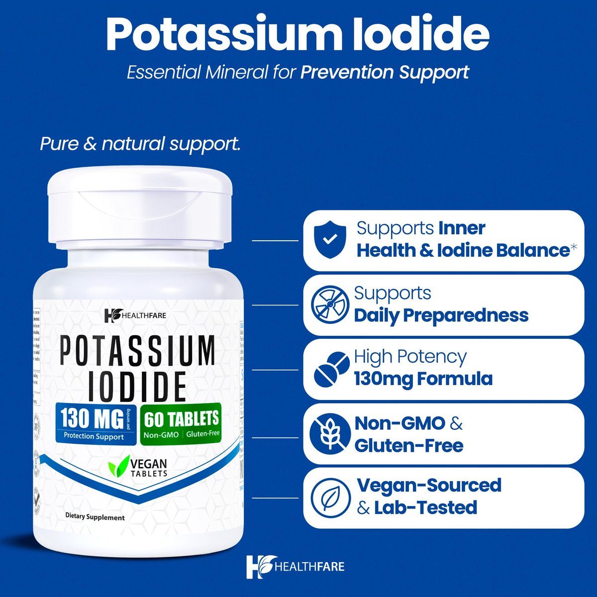 HealthFare Kaliumiodid Tabletten | 130 mg | 120 schnell lösliche Tabletten (2er-Pack) | Ki-Pillen | Lange Haltbarkeit | Nicht-GVO