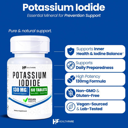HealthFare Kaliumiodid Tabletten | 130 mg | 120 schnell lösliche Tabletten (2er-Pack) | Ki-Pillen | Lange Haltbarkeit | Nicht-GVO