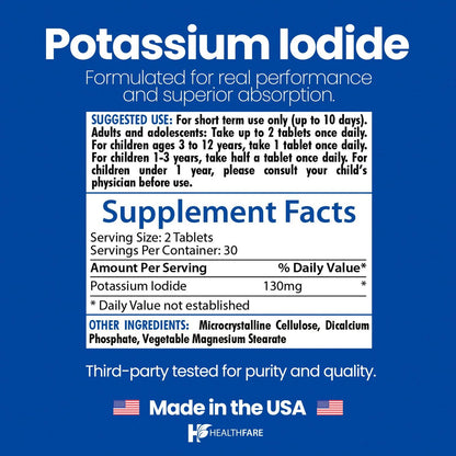 HealthFare Kaliumiodid Tabletten | 130 mg | 120 schnell lösliche Tabletten (2er-Pack) | Ki-Pillen | Lange Haltbarkeit | Nicht-GVO