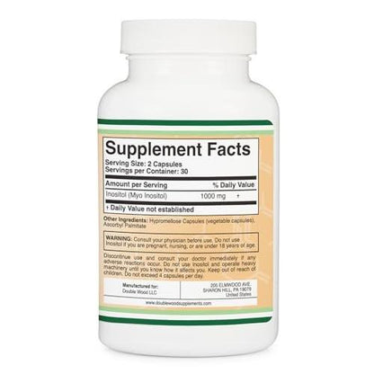 Inositol Kapseln (Myo-Inositol) 1000 mg – Frauenunterstützung, 60 Kapseln, vegan, glutenfrei, ohne Füllstoffe von Double Wood