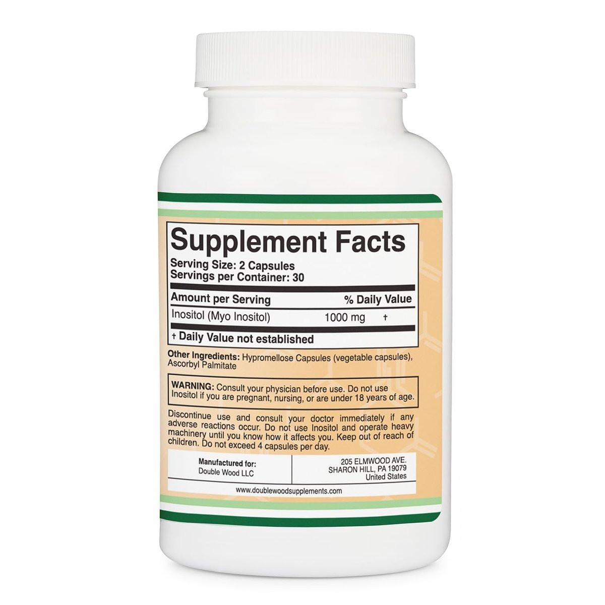 Inositol Kapseln (Myo-Inositol) 1000 mg – Frauenunterstützung, 60 Kapseln, vegan, glutenfrei, ohne Füllstoffe von Double Wood