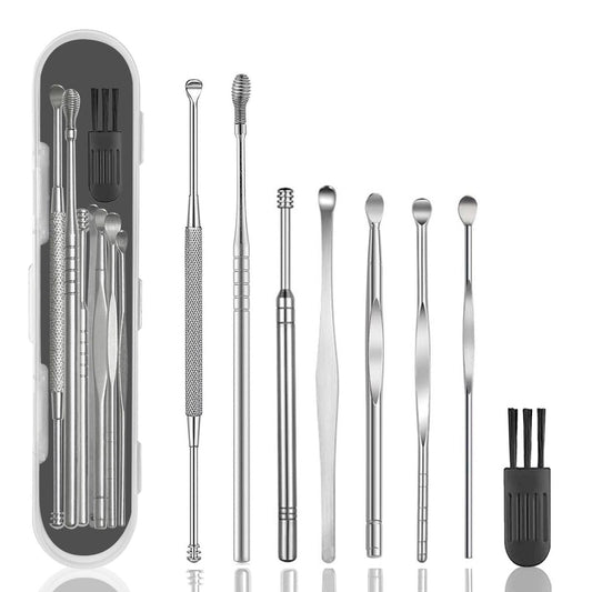 8-teiliges Ohrenschmalz-Entfernungsset, professioneller doppelseitiger Ohrlöffel aus 316L Edelstahl mit Reinigungsbürste und Aufbewahrungsbox, geeignet für Kinder und Erwachsene (Silber)