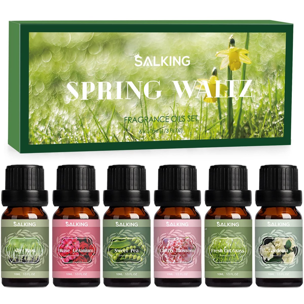 SALKING Frühlingsduft-Öle Set – Premium Bio-Öle für Diffuser, Seifen- & Kerzenherstellung – Nach Regen, Frisch gemähtes Gras, Duftwicke, Rosen-Geranie, Kirschblüte, Gardenie