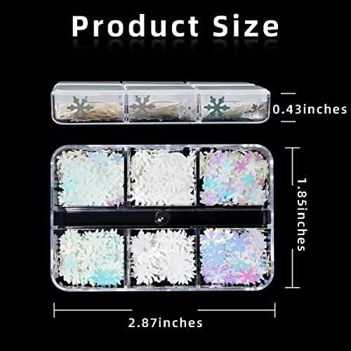 6 Felder Weiße Schneeflocke Nagelkunst Glitter Streuteile Holografische Schneeflocken Nagel Aufkleber Winter Weihnachten Nageldekoration Xmas Maniküre Tipps für Acrylnägel Irisierend Weiß Nagelbedarf
