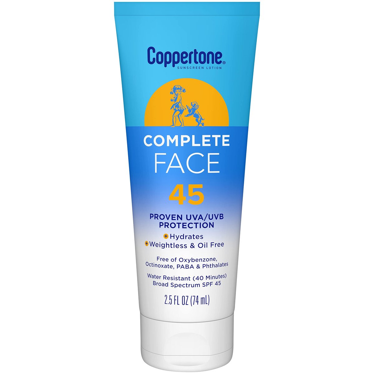 Coppertone Complete Face Sonnenschutz Lotion SPF 45 – Schwerelos und ölfrei, wasserbeständiger Sonnenschutz mit bewährtem UVA/UVB-Schutz, 74 ml Tube