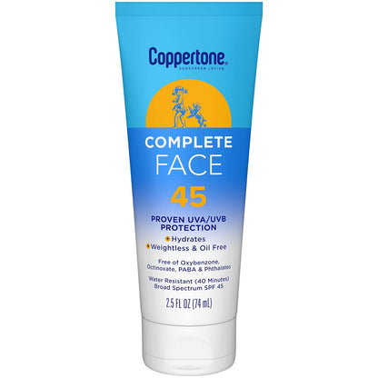 Coppertone Complete Face Sonnenschutz Lotion SPF 45 – Schwerelos und ölfrei, wasserbeständiger Sonnenschutz mit bewährtem UVA/UVB-Schutz, 74 ml Tube