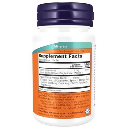NOW Foods Kupferglycinat mit 3 mg Albion-Kupfer – 120 Tabletten zur Unterstützung der Strukturgesundheit