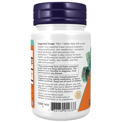 NOW Foods Kupferglycinat mit 3 mg Albion-Kupfer – 120 Tabletten zur Unterstützung der Strukturgesundheit