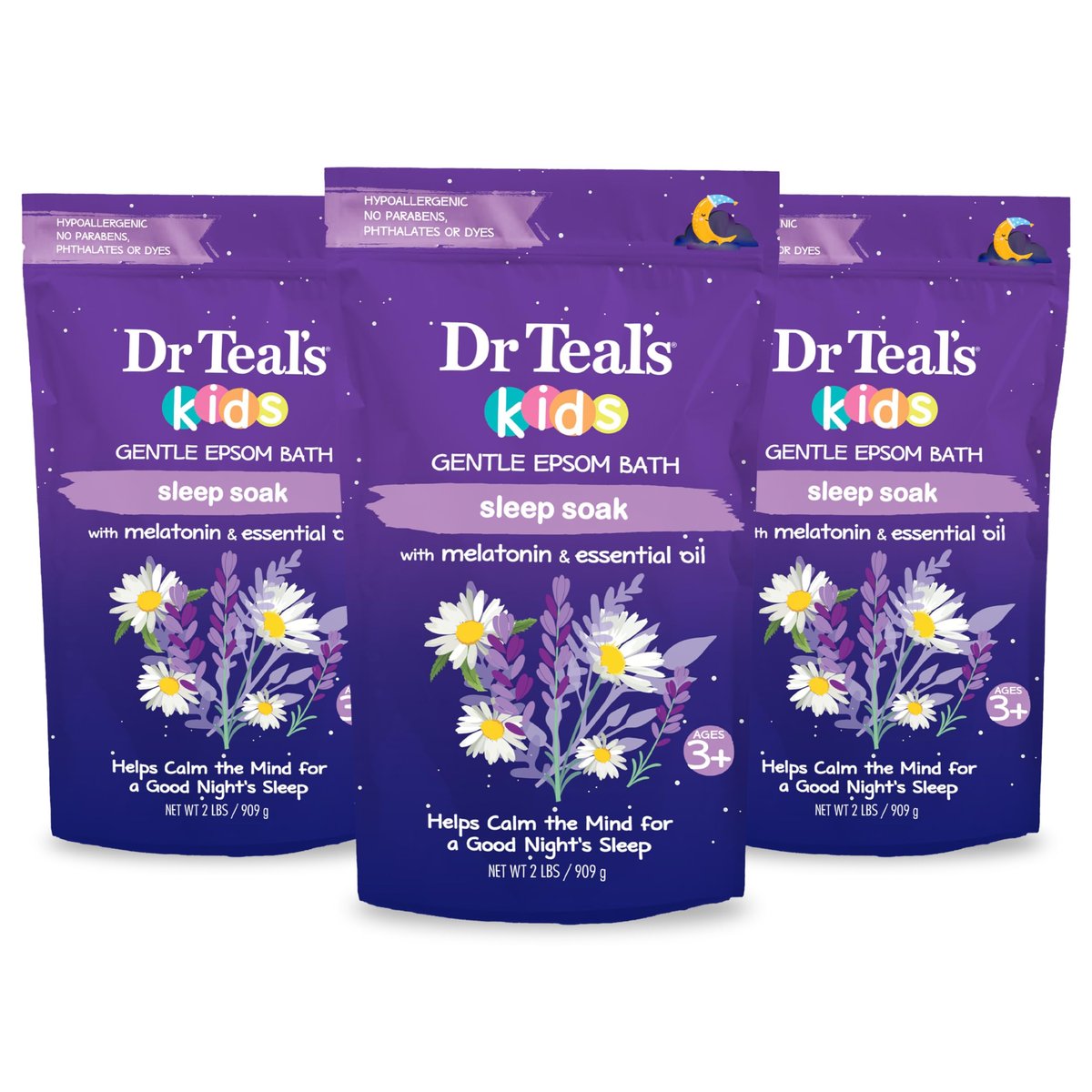 Dr Teal's Kinder Badesalz mit Melatonin & ätherischen Ölen – Schlafbad, 2 kg (3er-Pack)