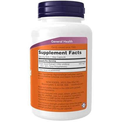 NOW Foods Traubenkernextrakt, maximale Stärke 500 mg (hochkonzentrierter Extrakt mit mindestens 90 % Polyphenolen), 90 vegane Kapseln