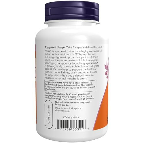 NOW Foods Traubenkernextrakt, maximale Stärke 500 mg (hochkonzentrierter Extrakt mit mindestens 90 % Polyphenolen), 90 vegane Kapseln