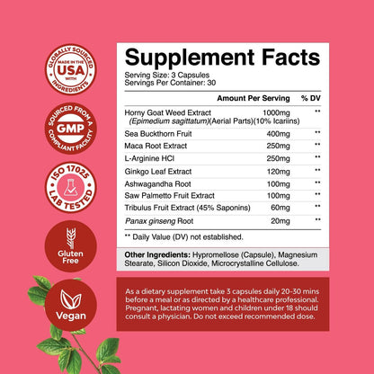 Horny Goat Weed für Frauen – Pflanzliches Hormon-Gleichgewicht, Stimmungsunterstützung & allgemeines Wohlbefinden – mit Maca-Wurzel & Tribulus Terrestris – 90 Kapseln